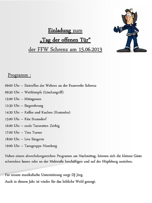 Einladung zum „Tag der offenen Tür“ der FFW Schrenz am 15.06.2013